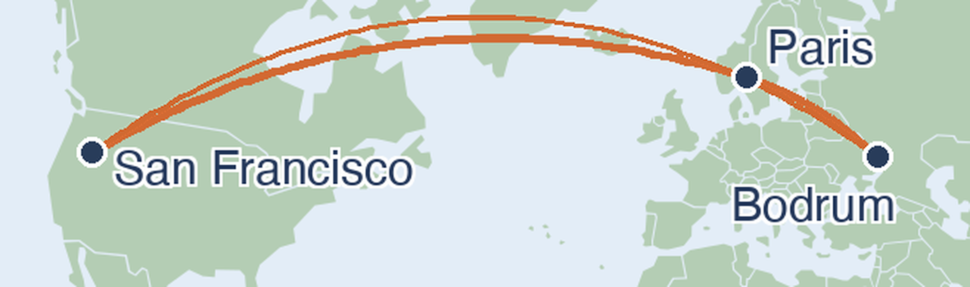 Trip map: SFO → Paris → Bodrum → SFO